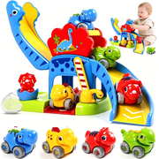 Marstone Toddler Toys 1 2 Year Old Boy Gifts Dinosaur Slide with 4 Animal Cars Educational Baby Toys 12-18 Months, First 1st Birthday Gifts for Kids, Girls, Push Car Race Track for Toddlers 1-3