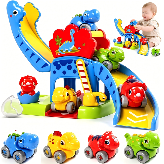 Marstone Toddler Toys 1 2 Year Old Boy Gifts: Dinosaur Slide with 4 Animal Cars Educational Baby Toys 12-18 Months, First 1st Birthday Gifts for Kids, Girls, Push Car Race Track for Toddlers 1-3