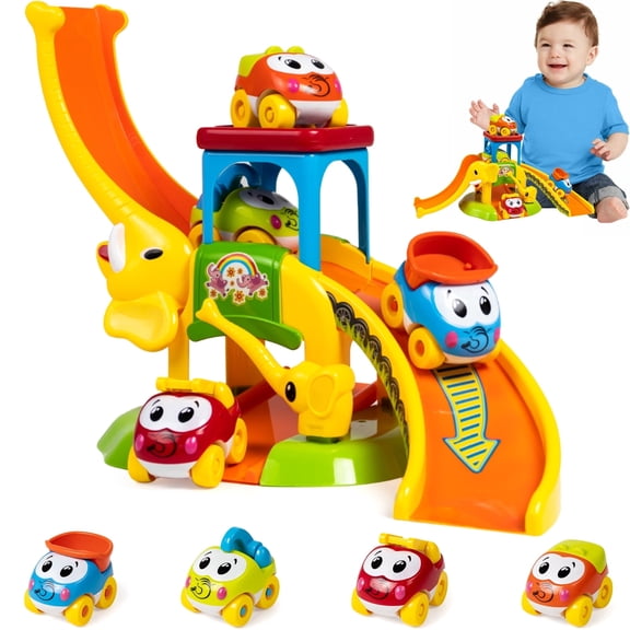 Marstone Toddler Toys for 1 2 Year Old Boys and Girls: Educational Elephant Slide with 4 Animal Car Toys for Baby 12-18 Months First Gifts for Kids