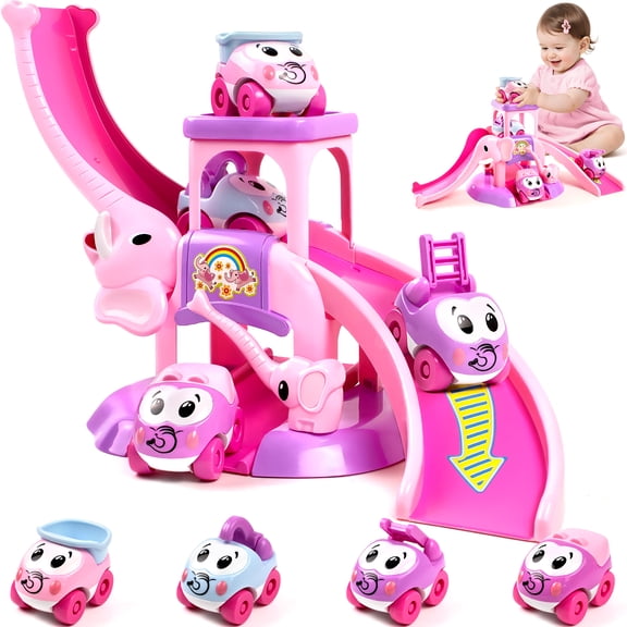Marstone Toddler Toys for 1 2 Year Old Boys and Girls Gifts Educational Elephant Slide with 4 Animal Cars Toys for Baby 12-18 Months Birthday Present