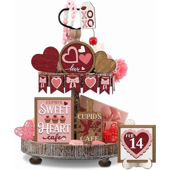 Marsui 19 Pcs Red and Pink Valentine's Day Tiered Tray Decor Set, Cupid's Sweetheart Cafe Heart Wood Signs with Love XOXO, Valentine's Day Table Decor for Home Kitchen Living Room