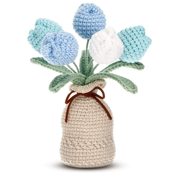Marsui Crochet Knitting Tulip Bouquet with Vase 7" Artificial Forever Tulip Handmade Woven Flower with Exquisite Pot Gift for Valentine's Day Mother's Day Family Home Office Desk Decor(Blue) C113