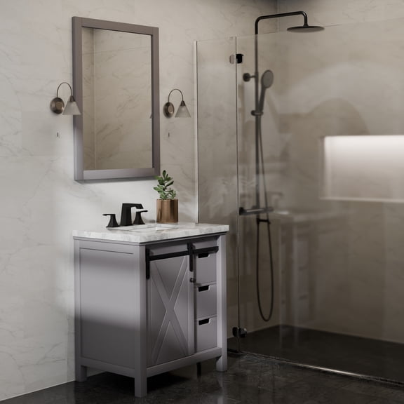 Marsyas 30 in W x 22 in D Dark Grey Bath Vanity, Carrara Marble Countertop and Faucet Set