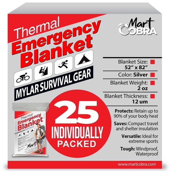 Mart Cobra Emergency Blanket 25-Pack Space Mylar Blankets Survival Gear and Supplies Reusable Thermal Camping Essentials Hiking First Aid Car Emergency Kit Prepper Foil Bug Out Bag Warm Cat Cold Snow
