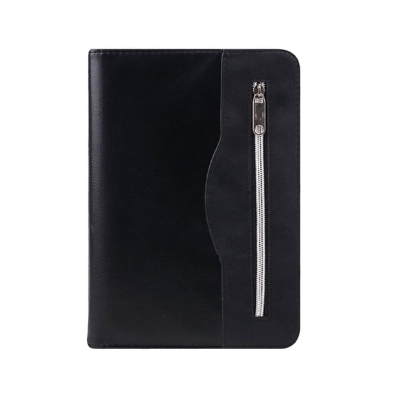Marte Vanci A5 Black Zippered Binder Notebook with Pen Loop, Portable 6-Ring Leather Journal with Card Slots for Office Travel