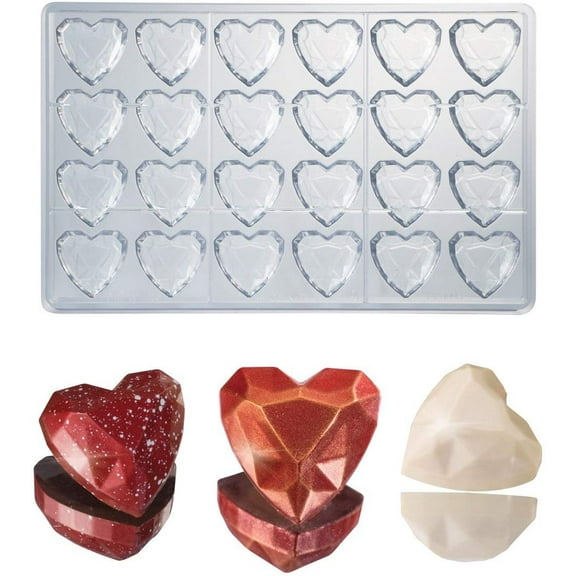 Martellato Polycarbonate Chocolate Mold, Heart Gem Diamond 33mm x 33mm x 15mm High, 24 Cavities
