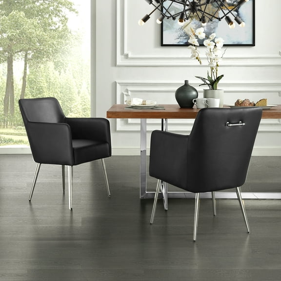 Marten Black/Chrome PU Leather Dining Chairs, Pack of 2, Chrome Silver Finish Handle and Legs, with Arms