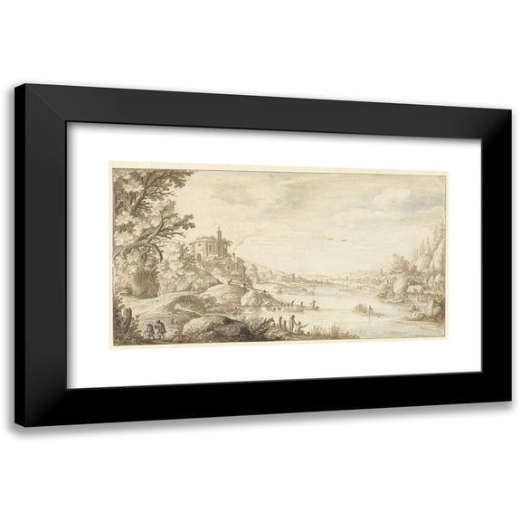 Marten de Cock 14x10 Black Modern Framed Museum Art Print Titled - Hilly Landscape with a Round Chapel by the Banks of a River (1624)