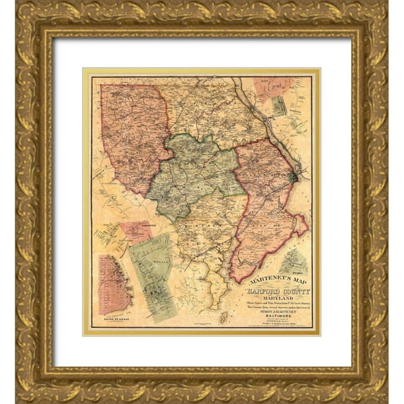 Martenet 12x13 Gold Ornate Wood Framed with Double Matting Museum Art Print Titled - Harford Maryland Landowner - Martenet 1878