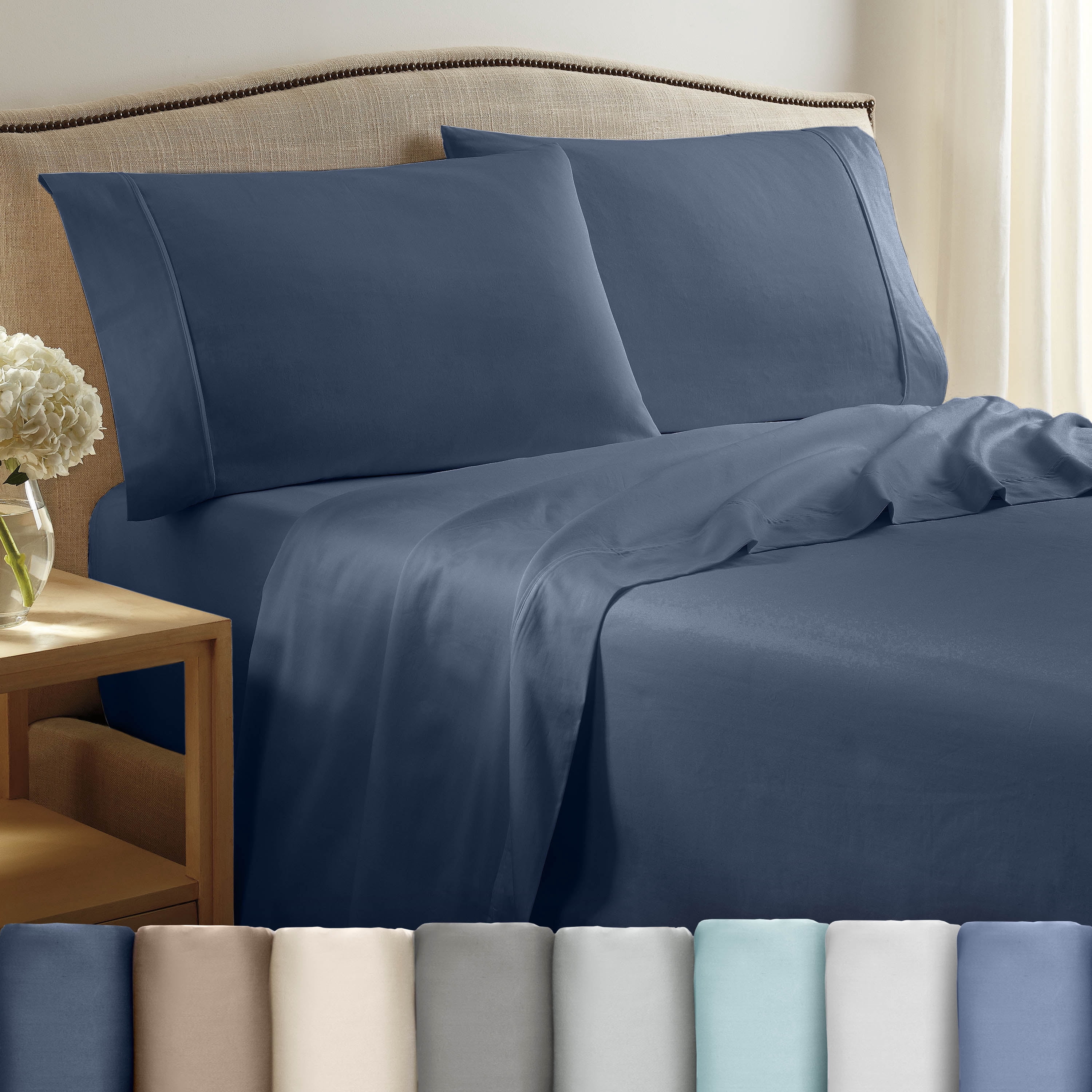 Soft Lightweight 400TC 100% Cotton Sateen Bed Sheet Set – 4-Piece King – Navy