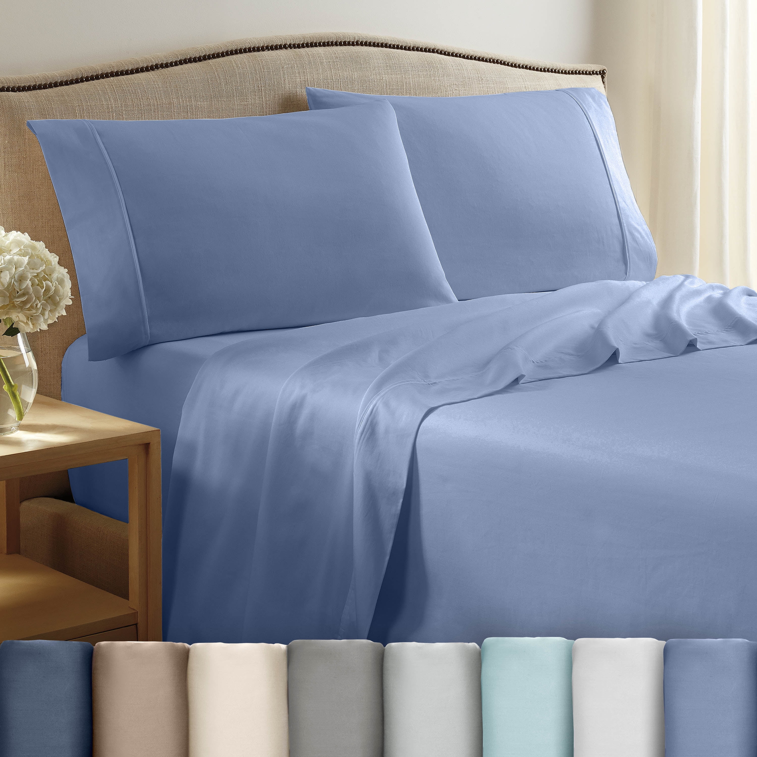 Soft Lightweight 400TC 100% Cotton Sateen Bed Sheet Set – 4-Piece King – Blue