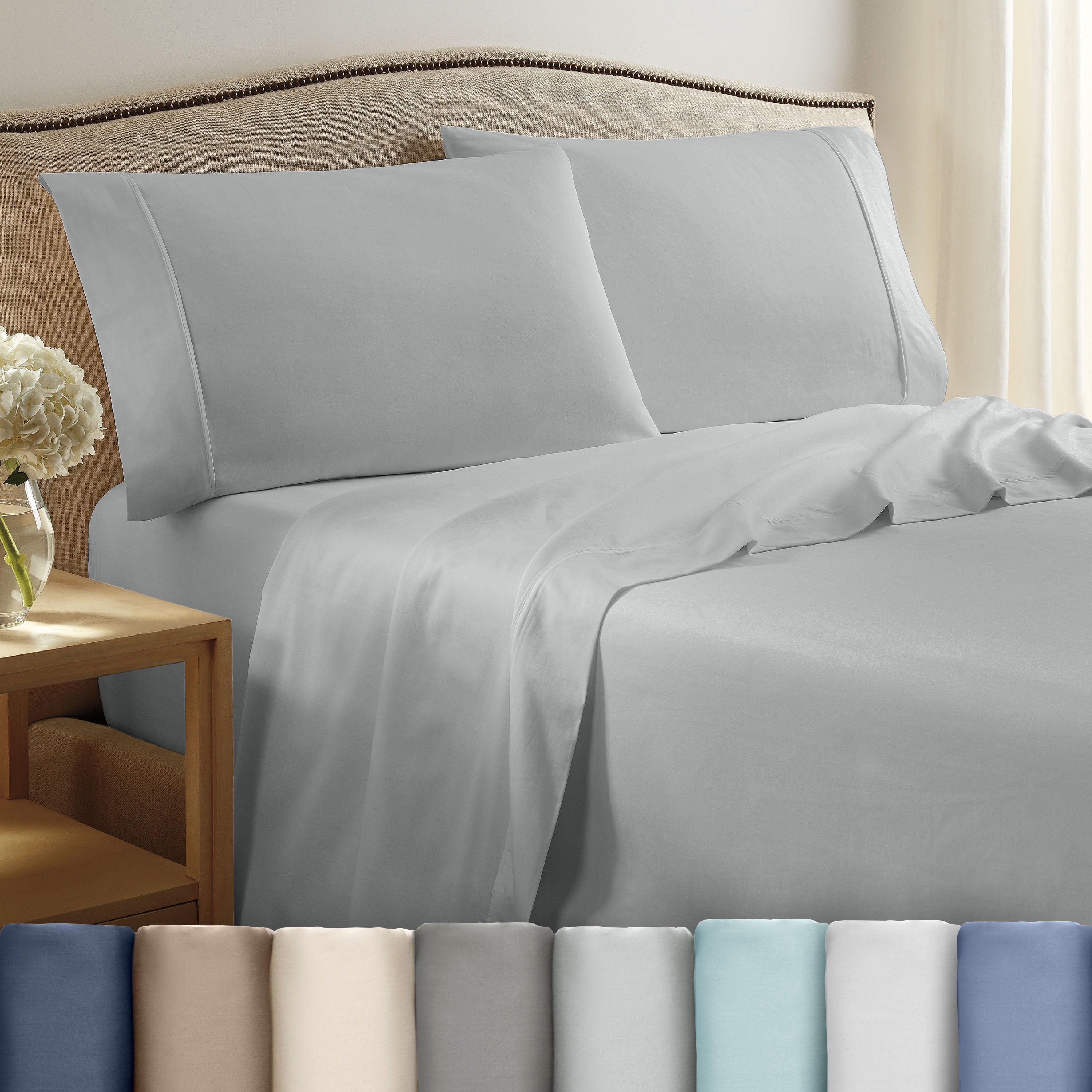 Soft Lightweight 400TC 100% Cotton Sateen Bed Sheet Set – 4-Piece Queen – Light Grey