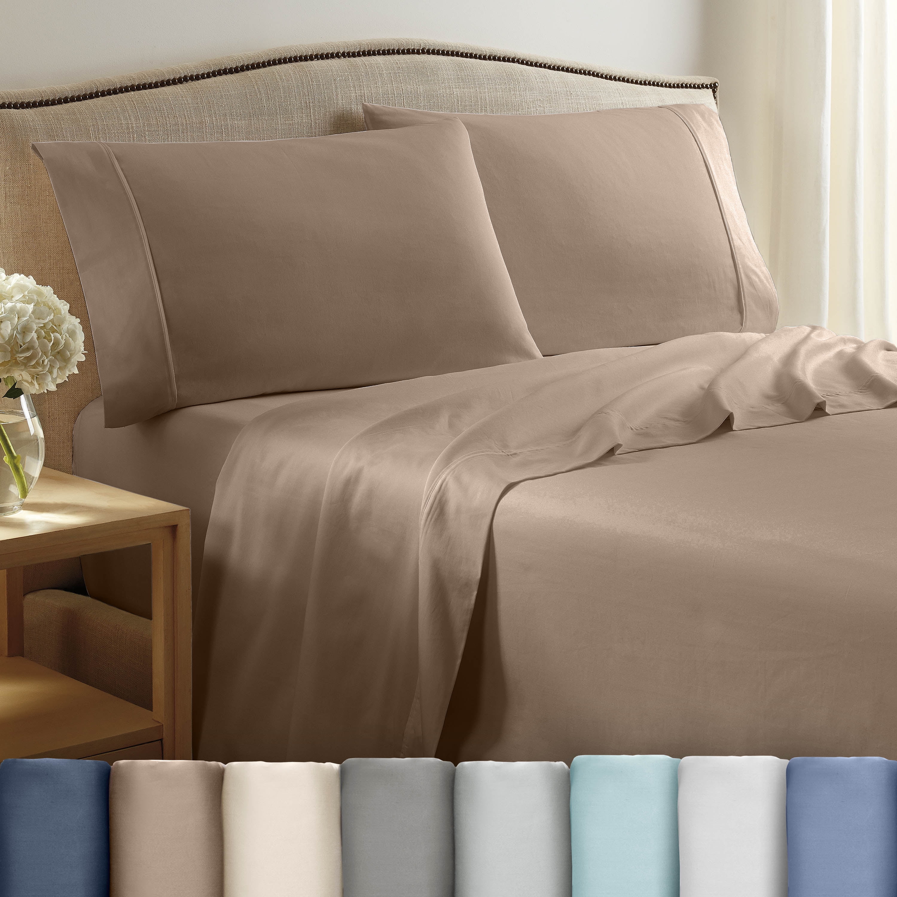 Soft Lightweight 400TC 100% Cotton Sateen Bed Sheet Set – 4-Piece Queen – Tan