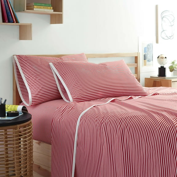 Martex Clean AF Antimicrobial Pinstripe Sheet Set, White/Red, Full