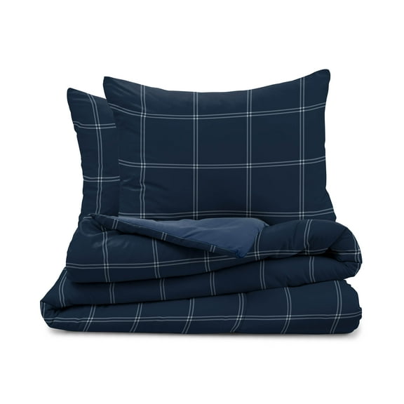 Martex 2-Piece Twin Reversible Comforter Set | Super Soft Lightweight | Navy Check