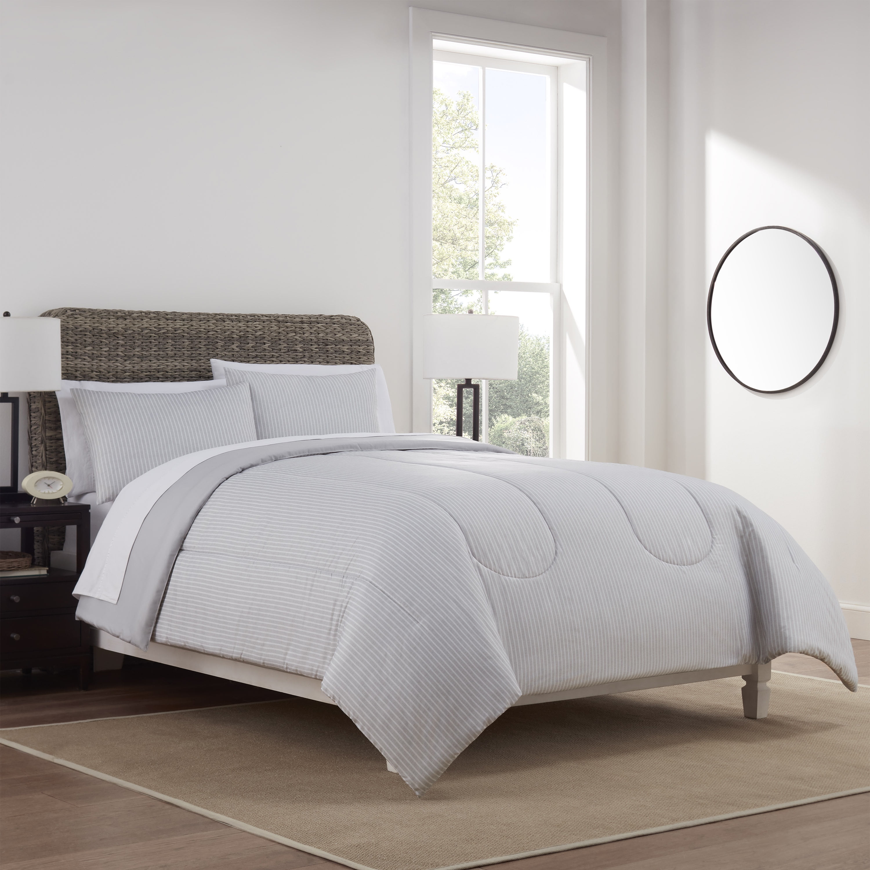Twin Gray Microfiber Reversible Comforter Set with Pinstripes