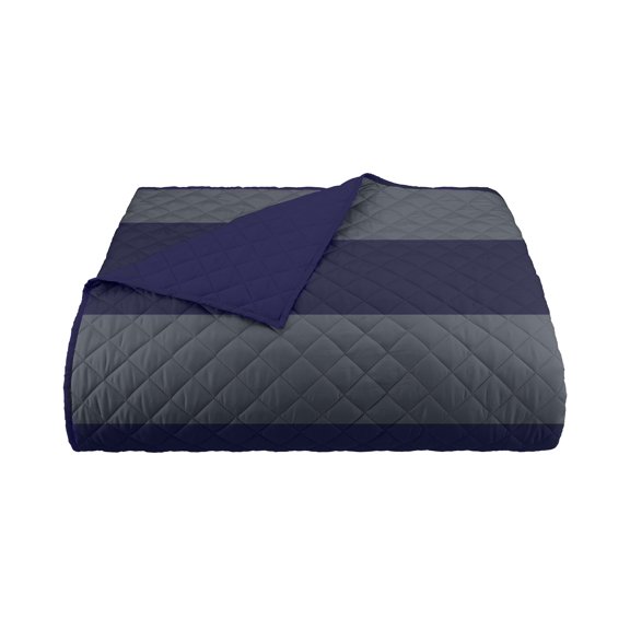 Martex Full/Queen Reversible Coverlet | Lightweight Soft Easy Care Quilt | Rugby Stripe/Navy