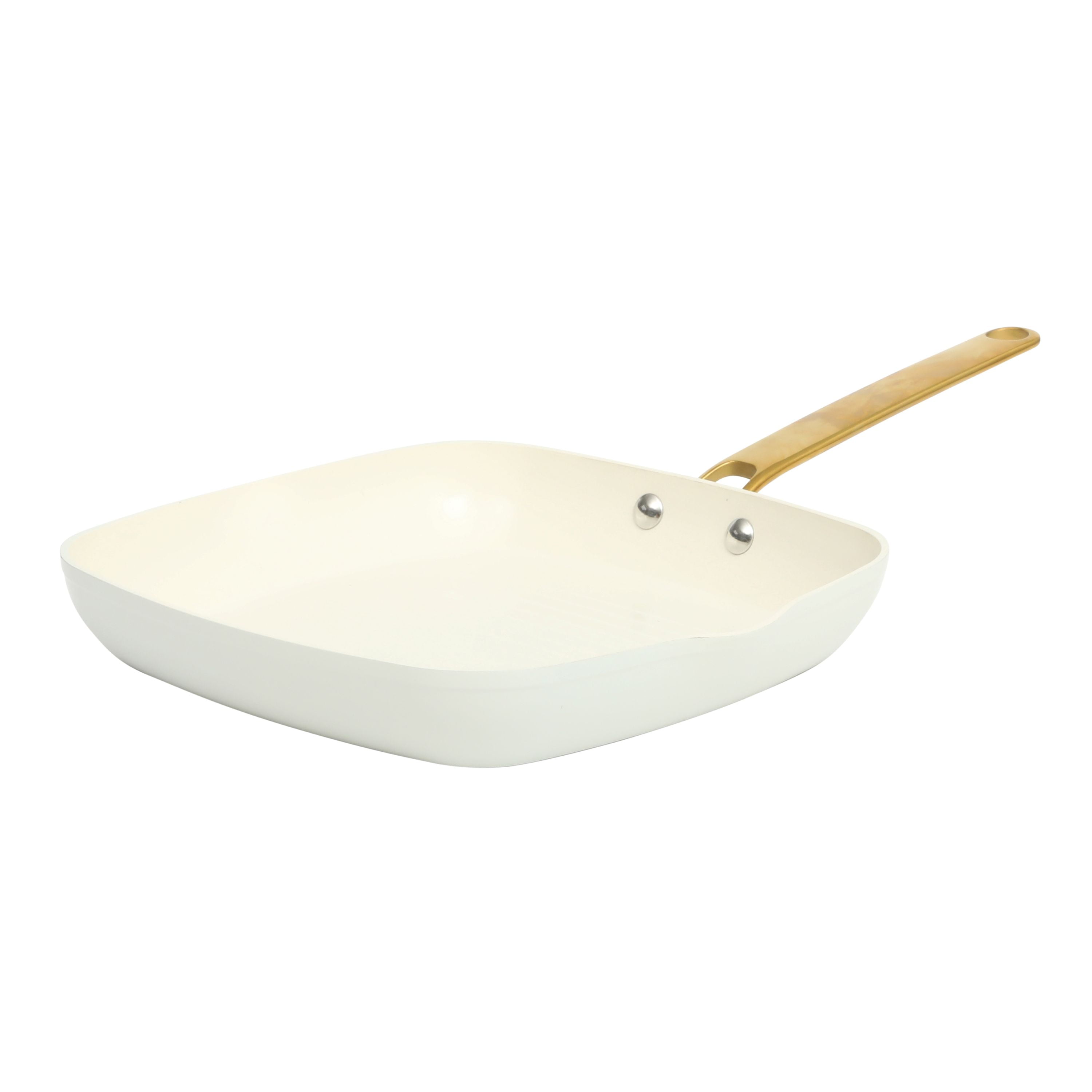 Martha Stewart Ceramic Nonstick Square Grill Pan for Stovetop, 10 Inch, Linen with Gold Handle