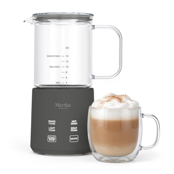 Martha Stewart 10oz Milk Frother & Steamer, Glass Cup, Caviar Gray