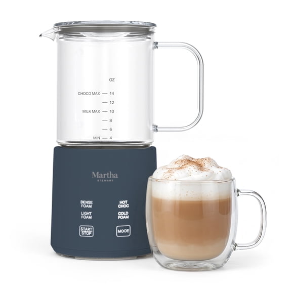 Martha Stewart 10oz Milk Frother & Steamer, Glass Cup, Indigo Blue