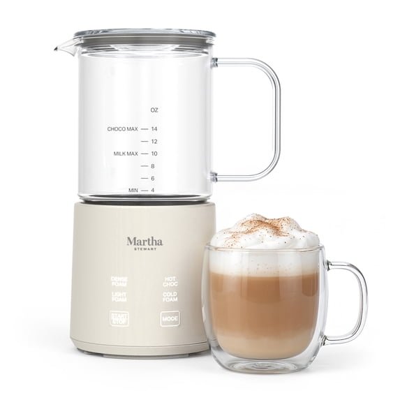 Martha Stewart 10oz Milk Frother & Steamer, Glass Cup, Linen Cream