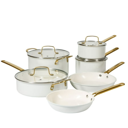 Martha Stewart 10-Piece Nonstick Pots and Pans Cookware Set with Gold Handles, Linen
