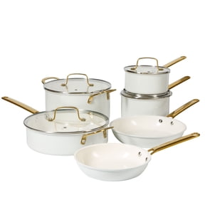 Martha Stewart Everyday Emmie 10-Piece Non-Stick Aluminum Cookware Set, Cooking Pots and Pans Set, Linen