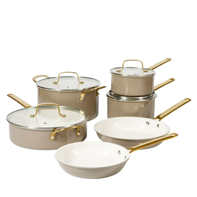 Martha Stewart 10-Piece Nonstick Pots and Pans Cookware Set with Gold Handles, Taupe