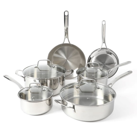 Martha Stewart 10pc Cookware Set, Polished Exterior Stainless Steel Pots and Pans