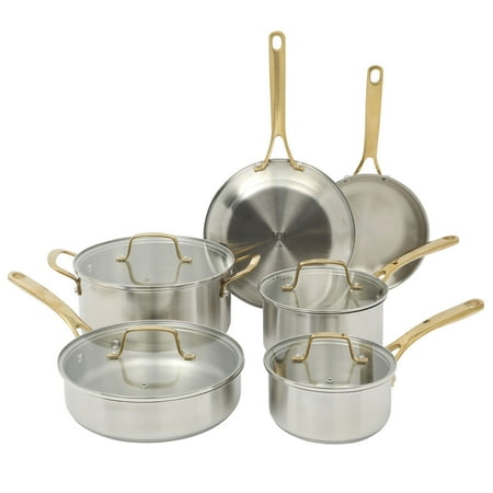 Martha Stewart Midvale 10-Piece Stainless Steel Pots and Pans Cookware Set with Gold Handles