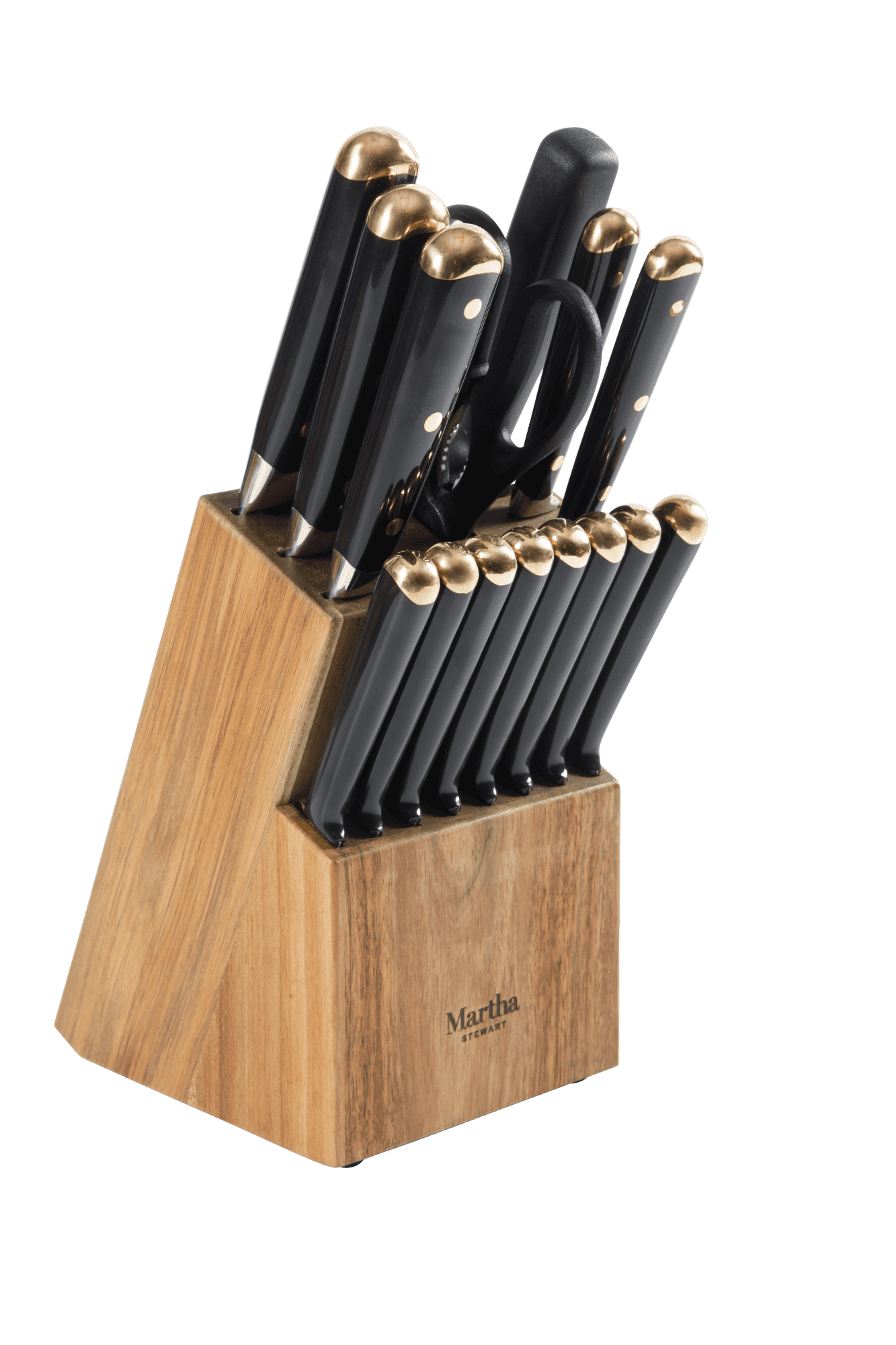 Martha Stewart 16 Piece Lockton High Carbon Stainless Steel Cutlery Kitchen Knife Block Set W/ABS Tripe Riveted Forged Handle Acacia Wood Block - Black W/Gold