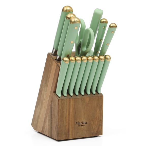 Martha Stewart 16 Piece Lockton High Carbon Stainless Steel Cutlery Kitchen Knife Block Set W/ABS Tripe Riveted Forged Handle Acacia Wood Block - Sage Green W/Gold
