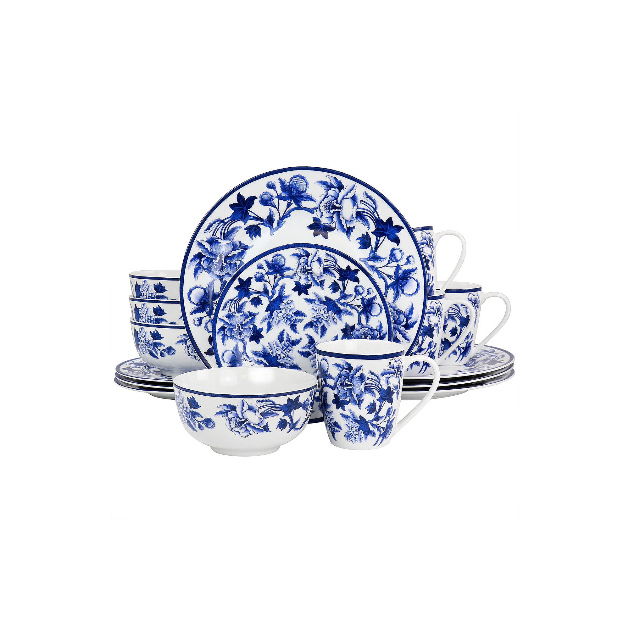 Martha Stewart Everyday Floral Dishware - 16pc Blue Vintage Fine Ceramic  Dinnerware Set in Cobalt - Walmart.com, image size:2000x2000