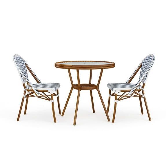 Martha Stewart 31.5" Round Indoor-Outdoor Bistro Dining Table with 2 Stackable Bistro Chairs - Navy/White with Natural Woodgrain Aluminum Finish Frame