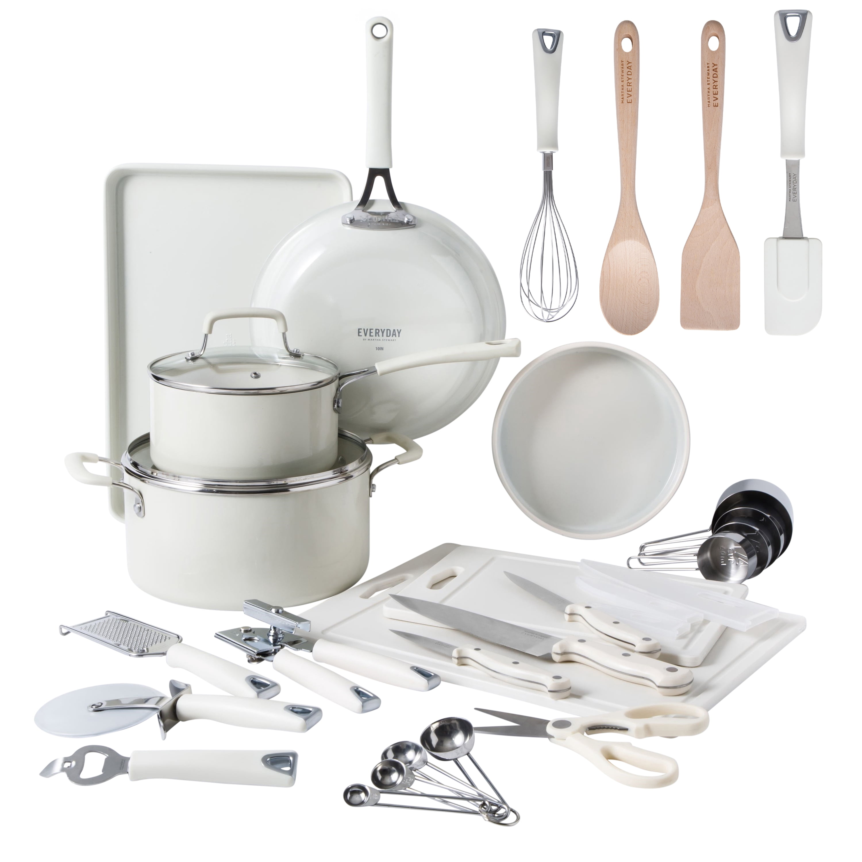Martha Stewart Everyday Elverton 32-Piece Non-Stick Aluminum Cookware Set, Pots and Pans with Utensils, White