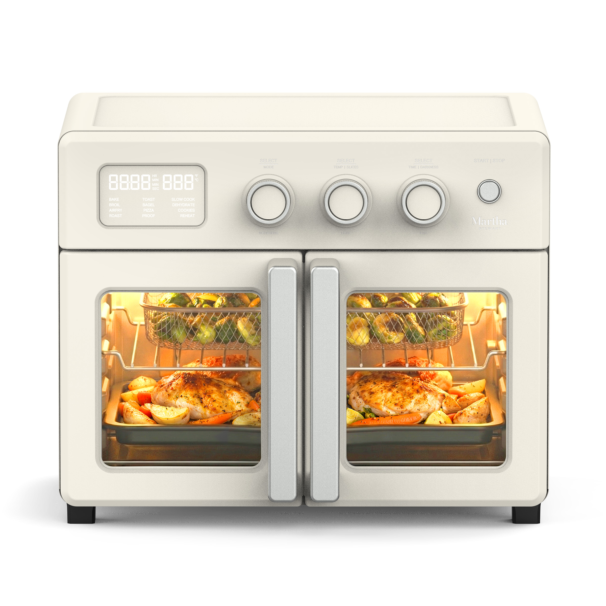 Martha Stewart 34 QT French Door Air Fryer Toaster Oven Countertop Convection 12 In 1 Linen Cream: What Stands Out on Walmart