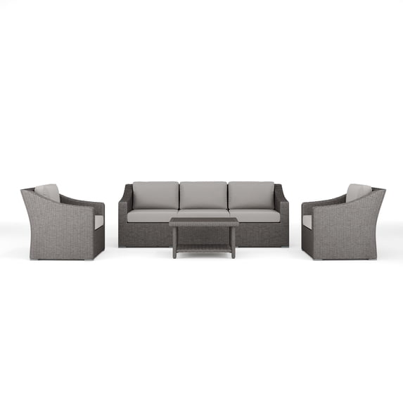 Martha Stewart 4-Piece Indoor-Outdoor Conversation Set with Patio Sofa, 2 Chairs, and Coffee Table in Gray Rattan Wicker with Gray All-Weather Cushions