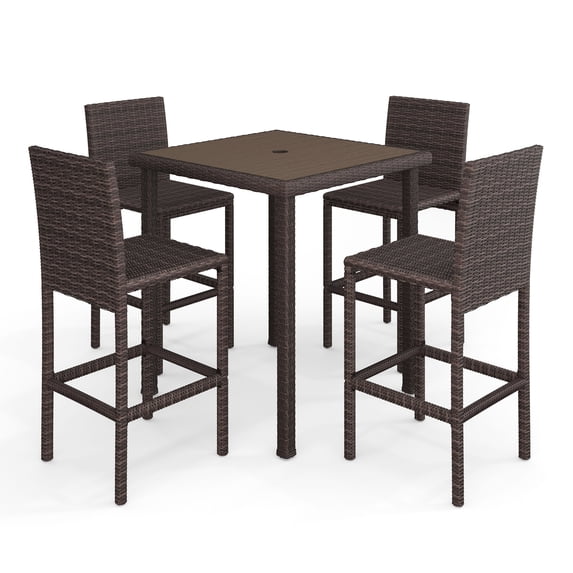 Martha Stewart 5-Piece Indoor-Outdoor Bar Set with 4 Patio Bar Stools and Bar Height Table with Engineered Wood Top in Brown Rattan Wicker