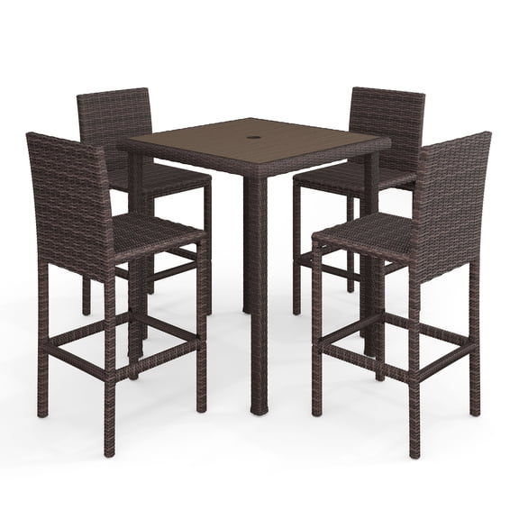Martha Stewart 5-Piece Indoor-Outdoor Bar Set with 4 Patio Bar Stools and Bar Height Table with Engineered Wood Top in Brown Rattan Wicker