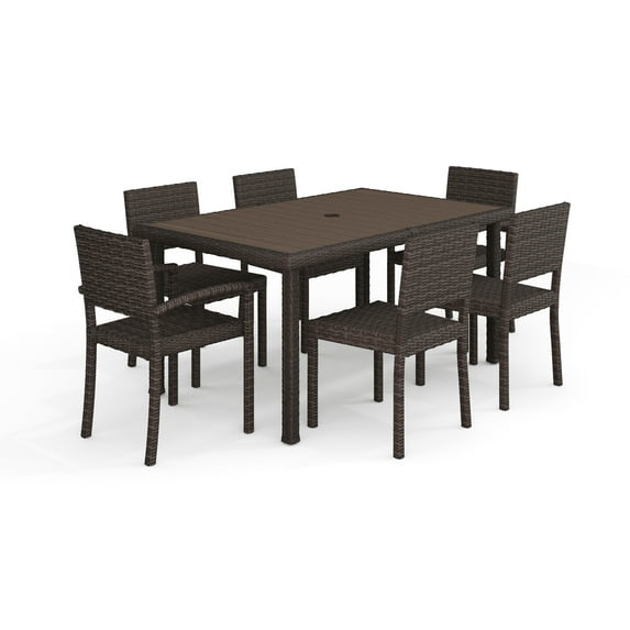 Martha Stewart 7-Piece Indoor-Outdoor Dining Set with 6 Stackable Dining Chairs and 60" Patio Table with Engineered Wood Top in Brown Rattan Wicker