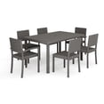 thumbnail image 1 of Martha Stewart 7-Piece Indoor-Outdoor Dining Set with 6 Stackable Dining Chairs and 60" Patio Table with Engineered Wood Top in Gray Rattan Wicker, 1 of 12