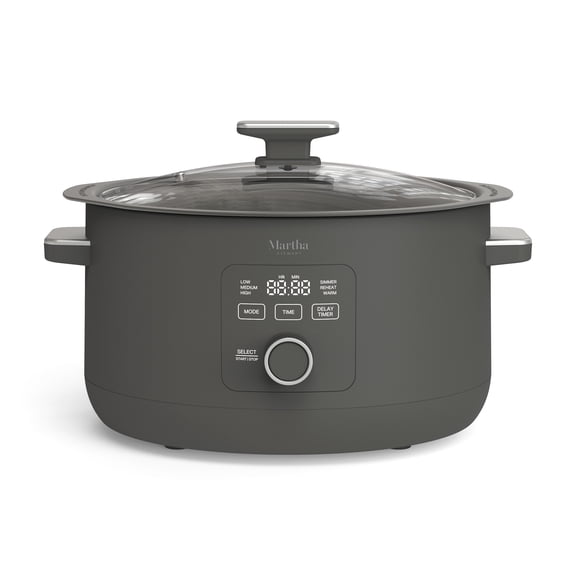 Martha Stewart 8 QT Slow Cooker, Programmable with Timer, 3 Heat Settings, Nonstick Ceramic, Caviar Gray