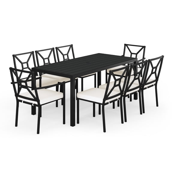 Martha Stewart 9-Piece Indoor-Outdoor Dining Set with 8 Stackable Dining Chairs and 70" Table with Steel Frames in Black with Cream All-Weather Cushions