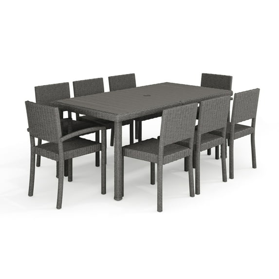 Martha Stewart 9-Piece Indoor-Outdoor Dining Set with 8 Stackable Dining Chairs and 70" Patio Table with Engineered Wood Top in Gray Rattan Wicker