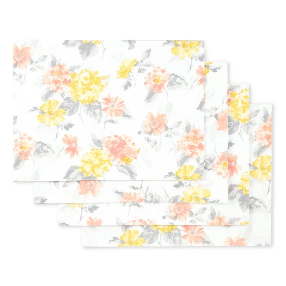 Martha Stewart Amber Floral Fabric Placemat Set 4-Pack, Yellow/Coral, 13"x17.5"