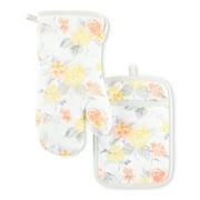 Martha Stewart Amber Floral Oven Mitt & Pot Holder Set 2-Pack, Yellow/Coral, OM: 7"x13" & PH: 7"x10"