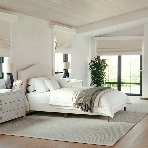 Martha Stewart Amelia Full Upholstered Platform Bed with Curved Headboard and Cushioned Siderails, Wood Slat Foundation with No Box Spring Needed, Beige