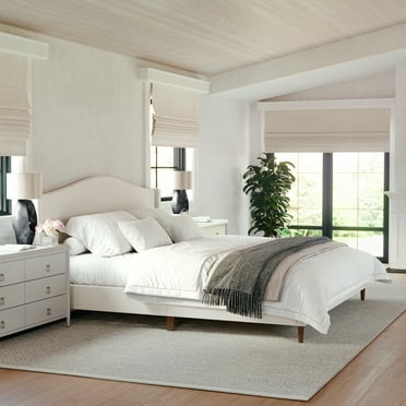 Martha Stewart Amelia King Upholstered Platform Bed with Curved Headboard and Cushioned Siderails, Wood Slat Foundation with No Box Spring Needed, Beige