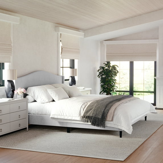 Martha Stewart Amelia King Upholstered Platform Bed with Curved Headboard and Cushioned Siderails, Wood Slat Foundation with No Box Spring Needed, Gray