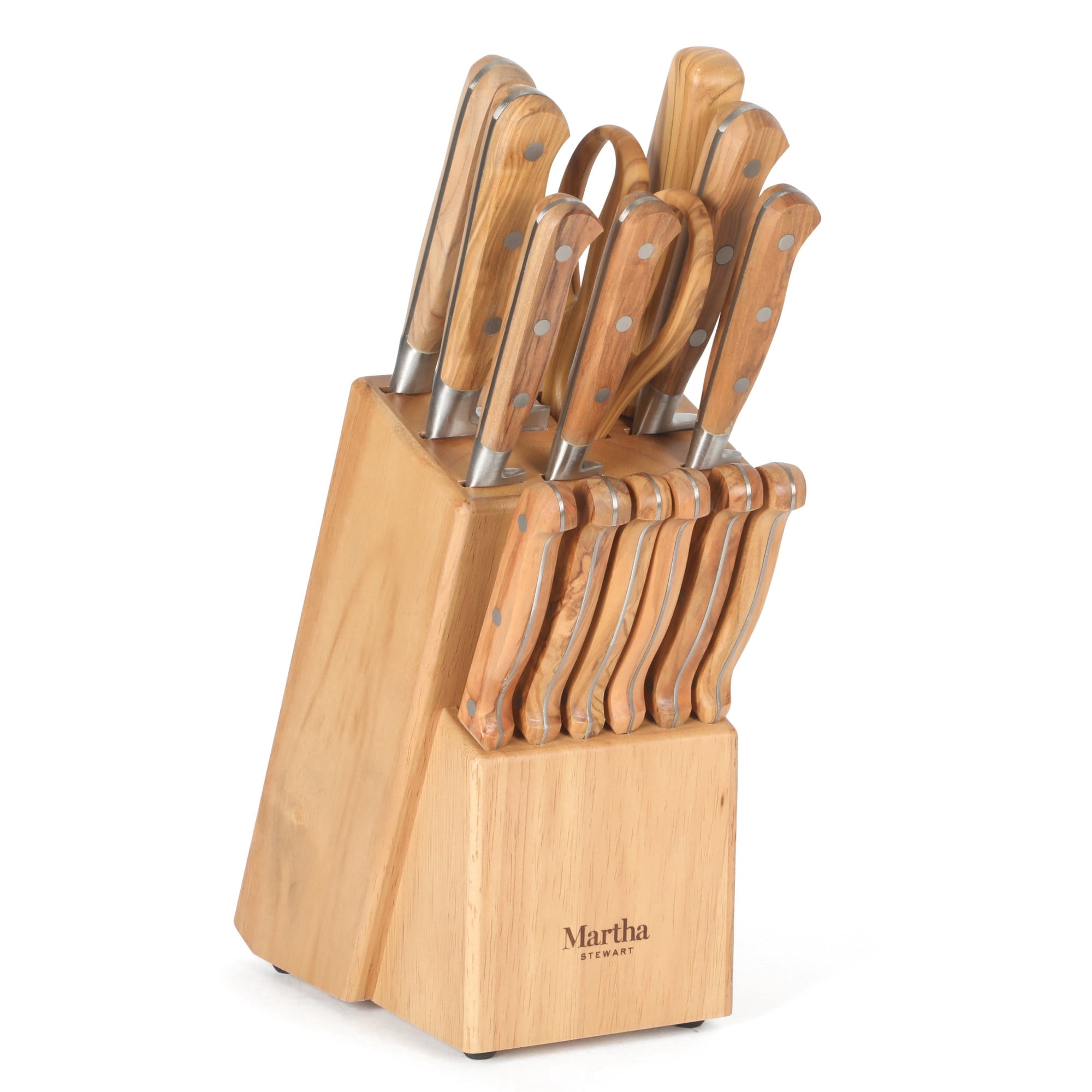 Martha Stewart Austenwood 15-Piece German Stainless Steel Cutlery Block Set, Italian Olive Wood Forged Handles and Wood Block